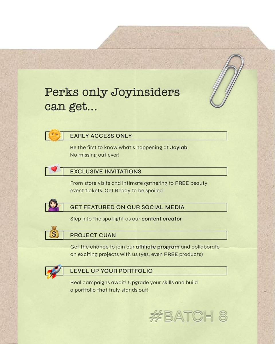 JoylabBeauty's tweet image. JOYLAB IS HIRING FOR OUR COMMUNITY 🤫

Buat kalian yang interest sama beauty dan enjoy ngonten then this is your sign to join! Minjoy welcome untuk kalian yang newbie juga yesssh 💚

Ditunggu sampai 19 Januari 2026 hihi

🔗 bit.ly/JoyinsiderBatc…

#hiring #beautycommunity