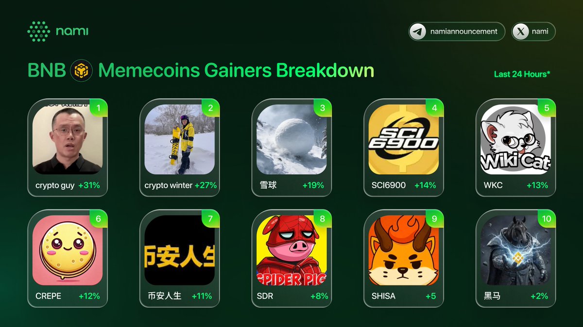 🧨 BNB Memecoins | Momentum Scan (24H) 🧨 Capital flow on @BNBCHAIN is  quietly leaning back toward high-volatility meme assets 🧠 Price expansion  is starting to show before broad social attention kicks