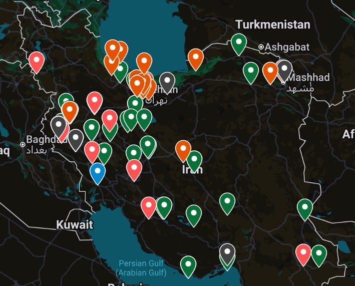 FaytuksNetwork's tweet photo. Since January 1st, Faytuks Network has recorded a total of 120 events, including 18 mass killings, with hotspots in Tehran, Ilam, Kermanshah, Khorramabad, and Mashhad.

View the full data here: https://t.co/KELMGIyuxm

9 locations had protesters who were seen armed since January 1 (blue)
52 videos of fires since the January 1 (green)
14 violent clashes since the January 1 (red)
9 additional events that do not fit into the first four (grey)

Reports from TIME, Iran International, BBC, and HRANA indicate that several thousand people were killed during protests in Tehran on January 8 and 9. All cited sources, as well as Iranian state television state that the overwhelming majority of those killed were unarmed civilian protesters. 

A nationwide internet blackout imposed beginning on January 8 has severely restricted independent reporting, making it difficult to verify the scale of protests or casualties occurring after communications were cut.