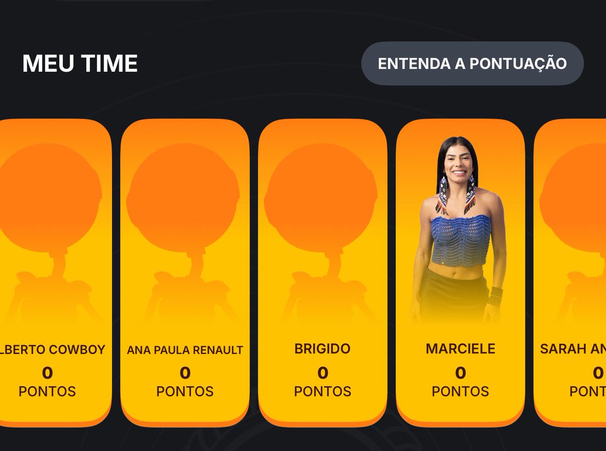 Meu time no Cartola BBB pra primeira rodada:

Alberto Cowboy, Ana Paula Renault, Brigido, Marciele e Sarah Andrade.

Qual o seu?