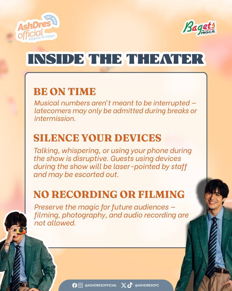 AshDresOFC's tweet image. For everyone watching Bagets The Musical, kindly read and follow the audience guidelines.

Let’s help keep the theater experience smooth, respectful, and enjoyable for everyone. Thank you! 🩵🧡

#AndresMuhlach #AshDres