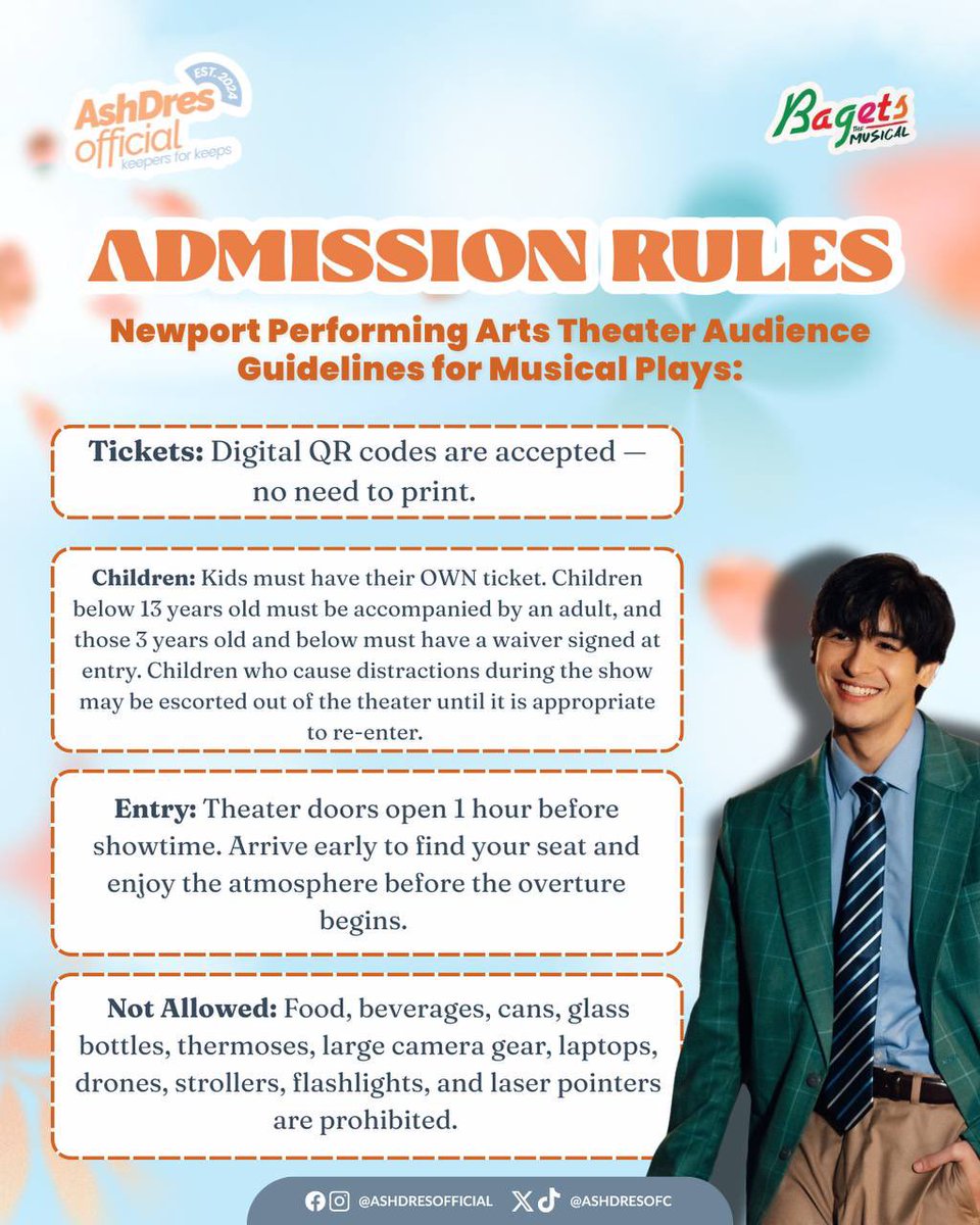 AshDresOFC's tweet image. For everyone watching Bagets The Musical, kindly read and follow the audience guidelines.

Let’s help keep the theater experience smooth, respectful, and enjoyable for everyone. Thank you! 🩵🧡

#AndresMuhlach #AshDres