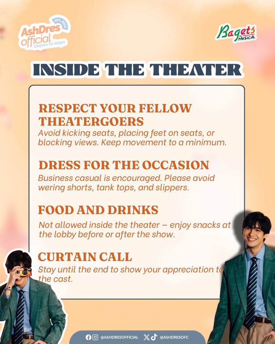AshDresOFC's tweet image. For everyone watching Bagets The Musical, kindly read and follow the audience guidelines.

Let’s help keep the theater experience smooth, respectful, and enjoyable for everyone. Thank you! 🩵🧡

#AndresMuhlach #AshDres
