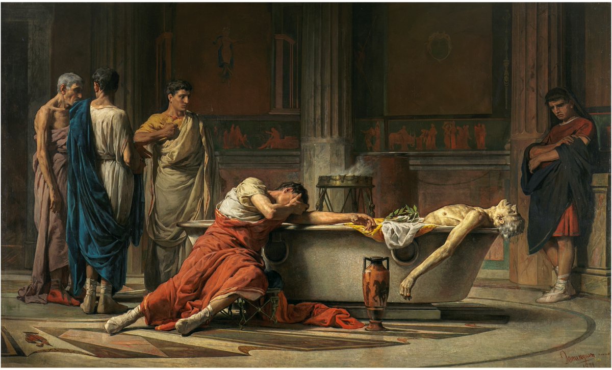 Prado_Bot's tweet photo. Séneca, después de abrirse las venas, se mete en un baño y sus amigos, poseídos de dolor, juran odio a Nerón que decretó la muerte de su maestro - Manuel Domínguez Sánchez (1871)  https://t.co/rC8q7TSDNf https://t.co/JJVu1lswTT