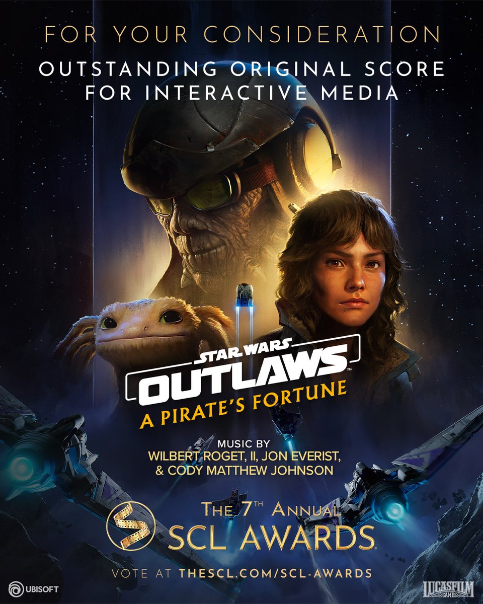 codymatthewj's tweet image. For Your Consideration 🌌
SCL Award for Outstanding Original Score for Interactive Media

It’s with deep gratitude that Star Wars Outlaws: A Pirate’s Fortune is nominated for Outstanding Original Score for Interactive Media at the Society of Composers and Lyricists Awards.