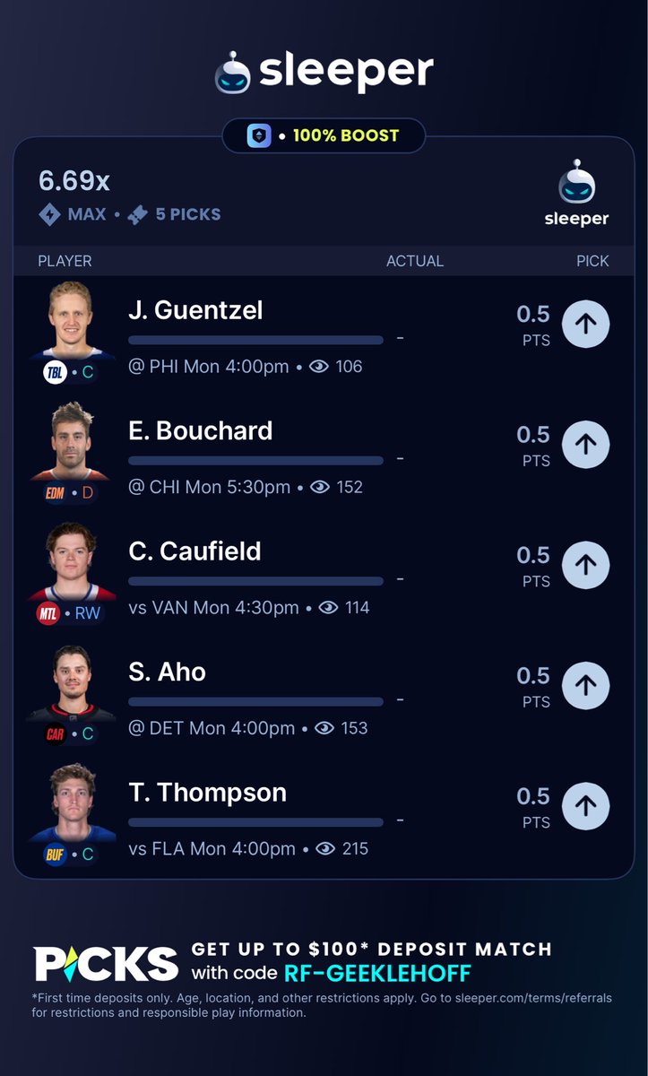 Geeklehoff's tweet photo. 🚨Here a couple #FREE NHL slips for tonight slate!🚨

Yall know the deal, these are degenerate so treat them as such and only throw what you can afford to lose! 

Good luck tonight gang, let’s cash! 🤞

@wagerkingz_ 
@propsdotcash 
@SleeperHQ 

#Gambling𝕏 https://t.co/fd5TyslMt5