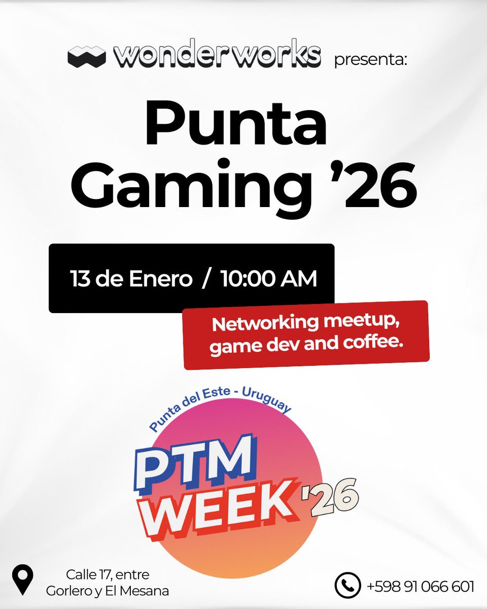 ¡Mañana potenciamos la comunidad en el PUNTA GAMING '26! 🎮🔥

¿Todavía no te anotaste al Side Event? ¡Quedan los últimos lugares! 👇

forms.gle/7DmbfjcVpLgfdX…

⏰ Martes 13/01 - 10:00 AM
📍 Wonder Works (Calle 17, PdE)

¡Nos vemos! 💻✨