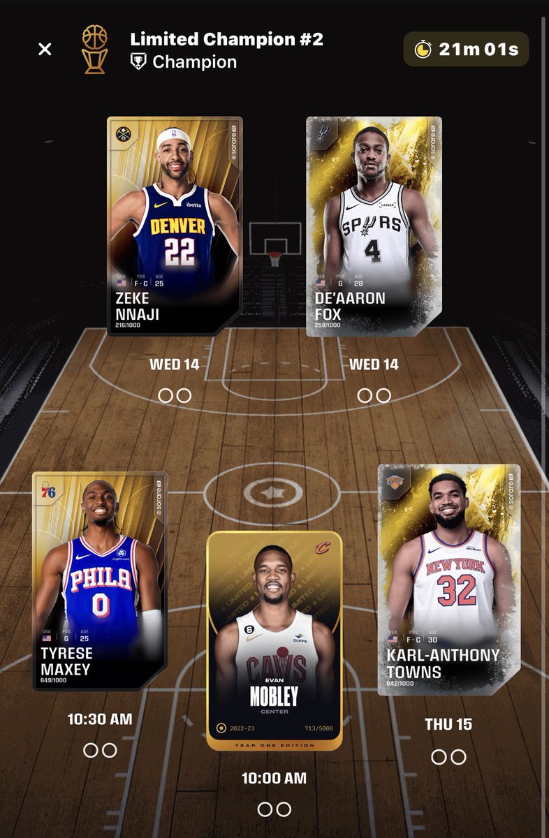 0verthinkWithMe's tweet image. #NBA #Sorare GW25 priority # 2 champs lineup 👑

◼️Maxey: outside of Luka this GW I think he is the MVP play 
◼️Nnaji: has been huge recently with the Nuggets injury woes 
◼️KAT:  cap of 35 is value, hoping he doesn’t sit the B2B 
◼️Mobley: expecting him to outperform his cap by…