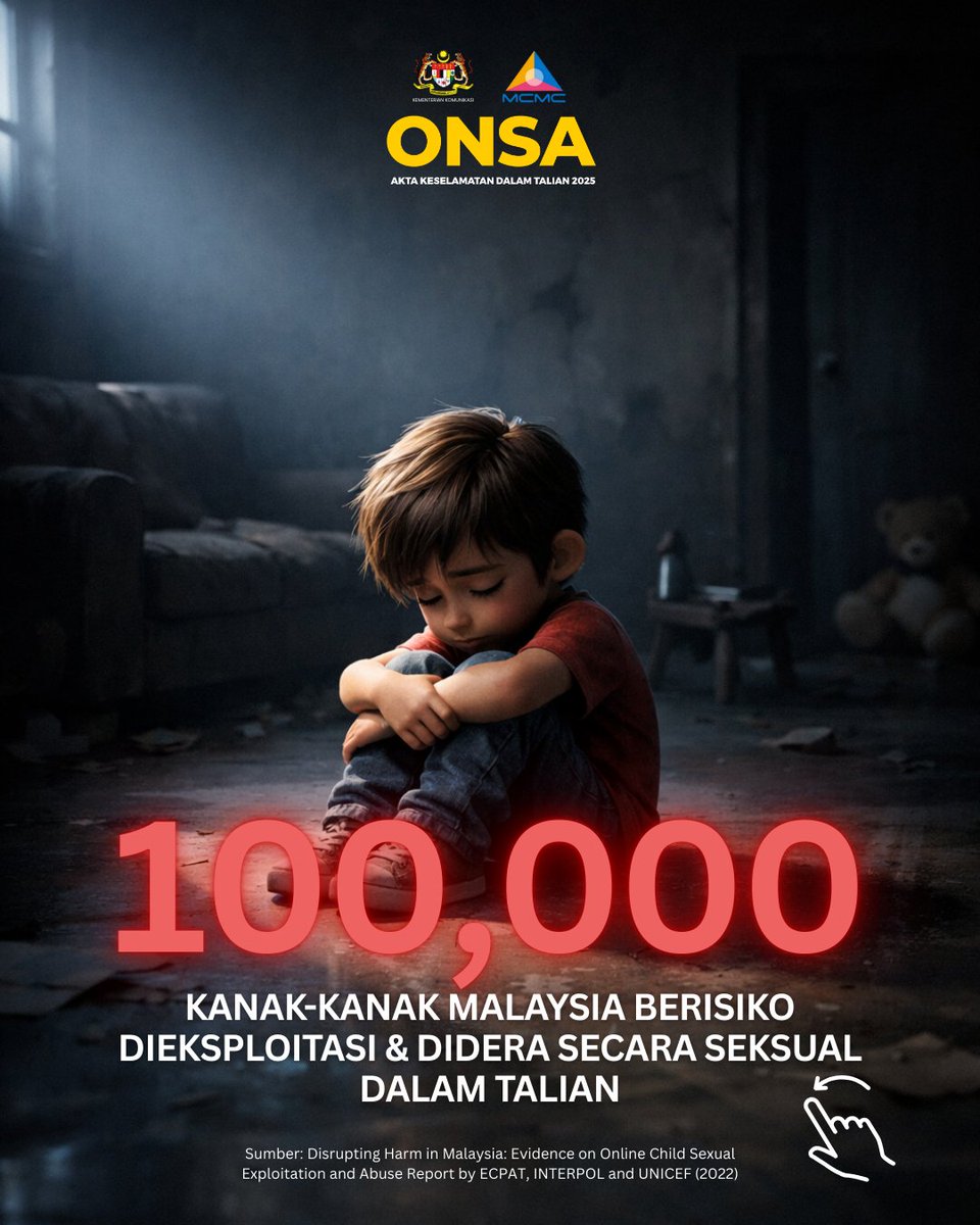MCMC_RASMI's tweet photo. Angka ini bukti ancaman sebenar akibat kandungan berbahaya dan kelemahan kawalan platform.
Akta Keselamatan Dalam Talian 2025 (ONSA) diwujudkan untuk melindungi kanak-kanak, mewajibkan platform bertindak tegas dan menjadikan keselamatan digital satu keutamaan. https://t.co/MN0Iz5et1b