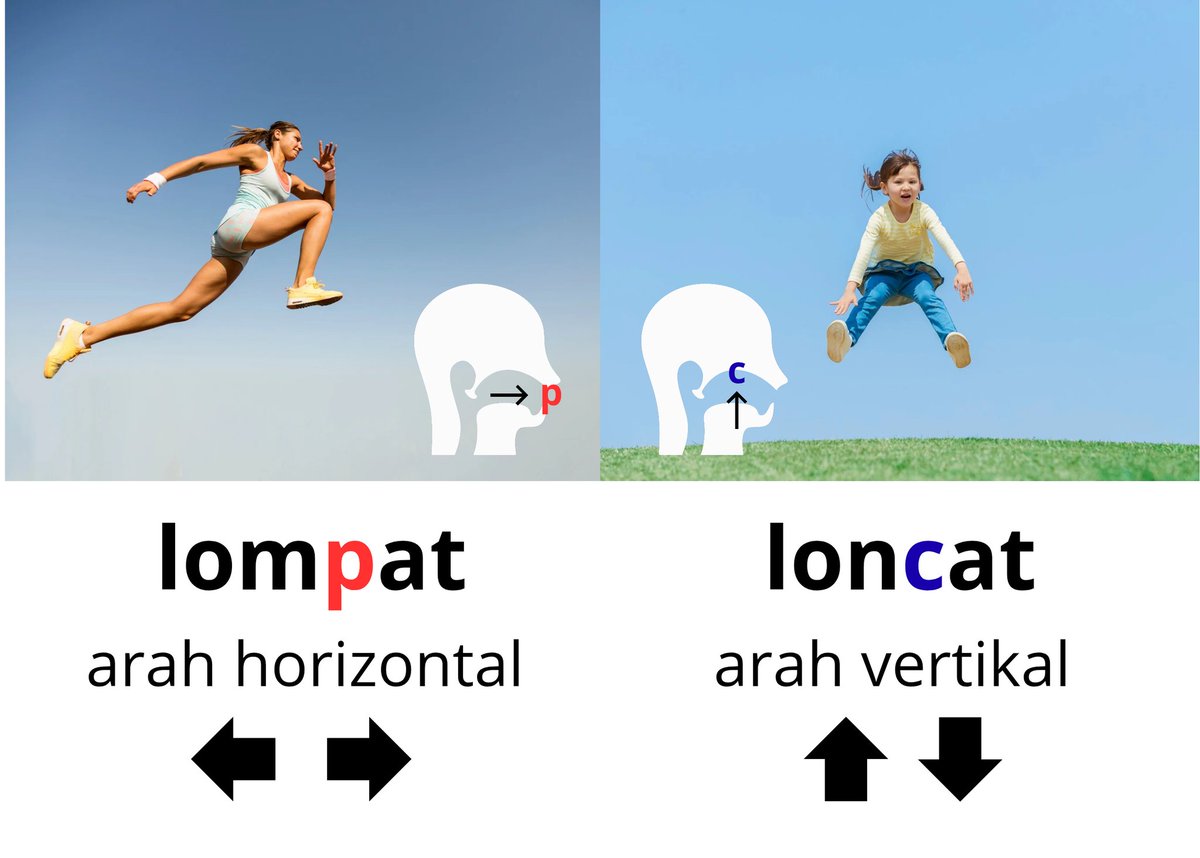 Ingat ya anak-anak, lompat itu arah horizontal dan loncat itu arah vertikal 😝🥰.

Coba perhatikan bunyi p adalah bunyi bibir (arah horizontal) dan bunyi c adalah bunyi langit-langit (vertikal)

#bahasaindonesia