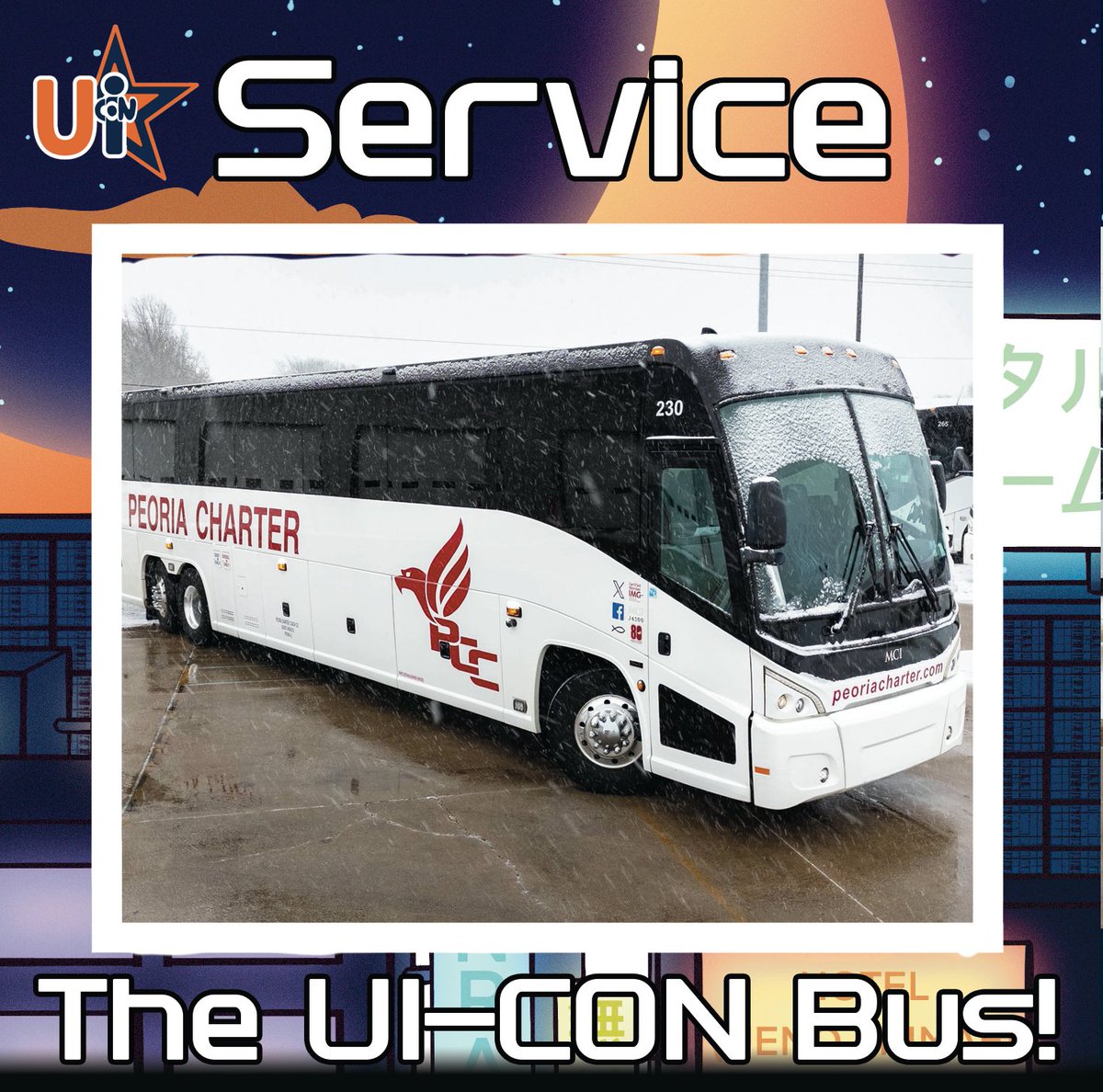 UI-CON is chartering a bus, just for you! During the convention on Friday and Saturday, a Peoria Charter bus will provide rides from the Illini Union to the Illinois Conference Center! Exact times and details of pick up/drop off points will be announced soon!
