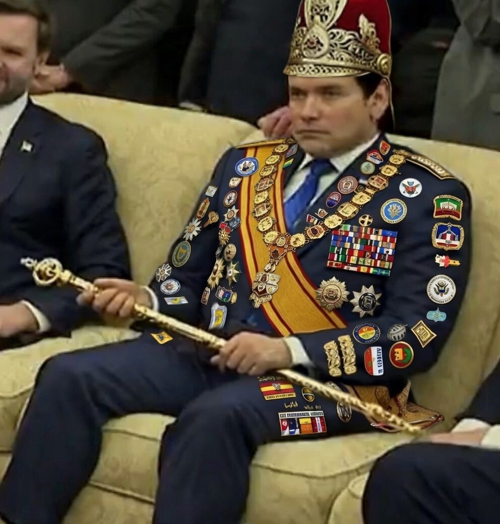 VodkaPundit's tweet image. Marco Rubio, first of his name, Secretary of State, National Security Advisor, Chief Archivist, Viceroy of Venezuela, Governor-General of Cuba, Storhertug of Greenland, Shah-in-Waiting, Martian Lord High Admiral of the Outer Worlds, and Webelo.