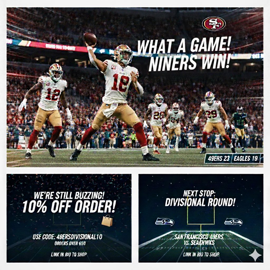 THE VICTORY SPECIAL:
10% OFF all orders over €50!
Get your gameday essentials—hoodies, tees, and caps—and let’s get ready for the Seahawks! 

✨ USE CODE: 49ERSDIVISIONAL10
🔗 SHOP THE COLLECTION: theirishfaithful.myshopify.com

Next Stop: Divisional Round vs. Seattle!