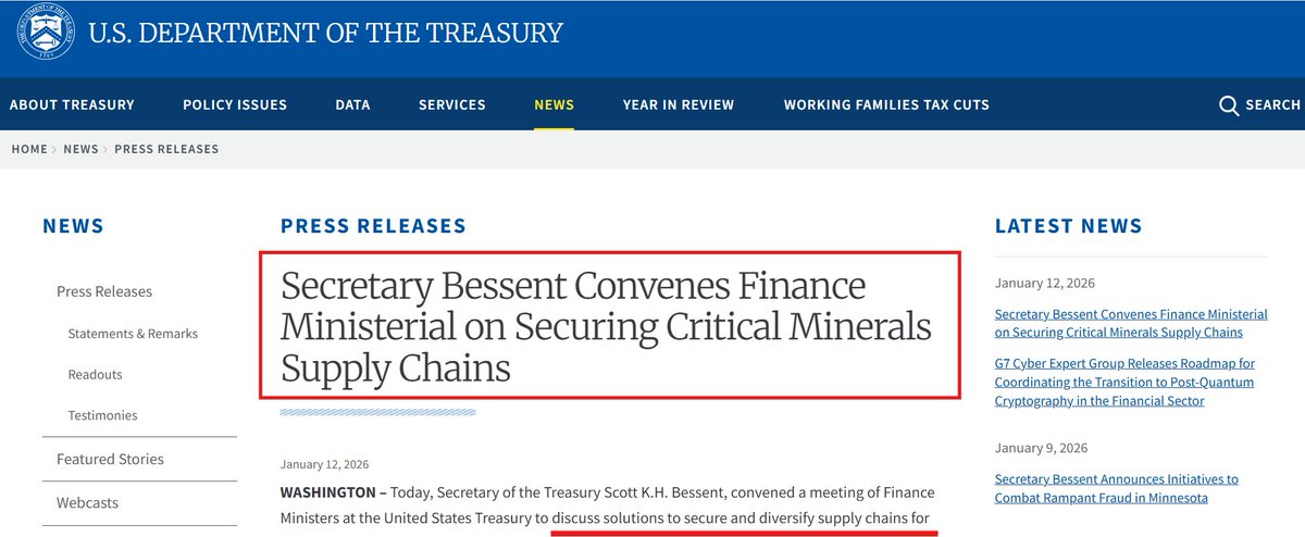 silvertrade's tweet image. 🚨US TREASURY SECRETARY BESSENT CONVENES MEETING WITH G7 FINANCE MINISTERS TO DISCUSS SOLUTIONS TO SECURE SUPPLY CHAIN FOR SILVER 🚨

"Today, Secretary of the Treasury Scott K.H. Bessent, convened a meeting of Finance Ministers at the United States Treasury to discuss solutions…