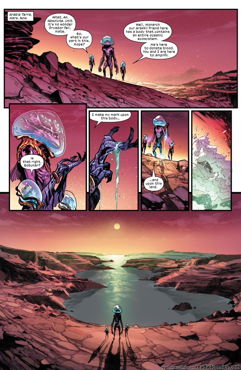 Orion7614's tweet image. Planet Size X-men is one of my favorite comics in the past decade. It was incredible seeing the Omega mutants of Earth and Arrako work in unison to terraform Mars, and it's unfortunate they don't make good sci-fi comics like this under the current X-Office