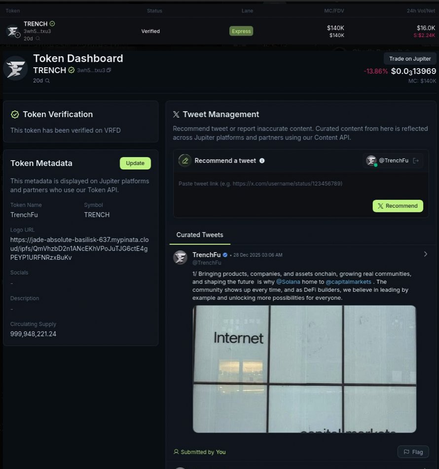 🚀 TrenchFu just hit Jupiter Express Verified — priority review secured on Solana’s biggest token discovery rail. Check the green checkmark and trade with confidence! #Solana #JupiterVerify #TrenchFu
verified.jup.ag/dashboard/3wh5…