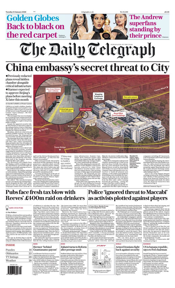 Telegraph's tweet photo. The front page of today's Daily Telegraph:

'China embassy’s secret threat to City' https://t.co/97DWGEdWXt