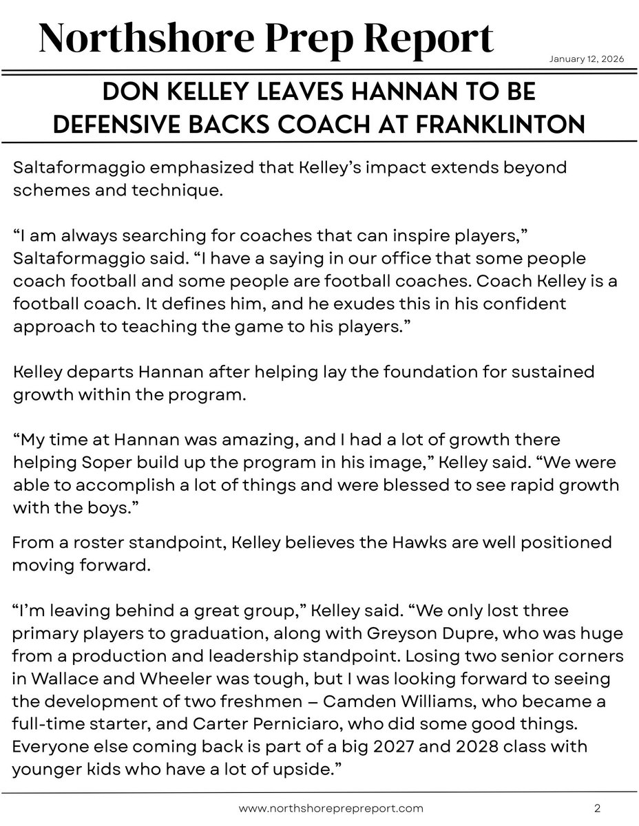 NorthshorePrepR's tweet image. Big news as Hannan’s Don Kelley is heading to Franklinton. Kelley was the defensive coordinator at Hannan, and a big part of their improvement.
@HannanHawkFB @HannanAthletics @FranklintonFB @richiemills @RogerRogglynn