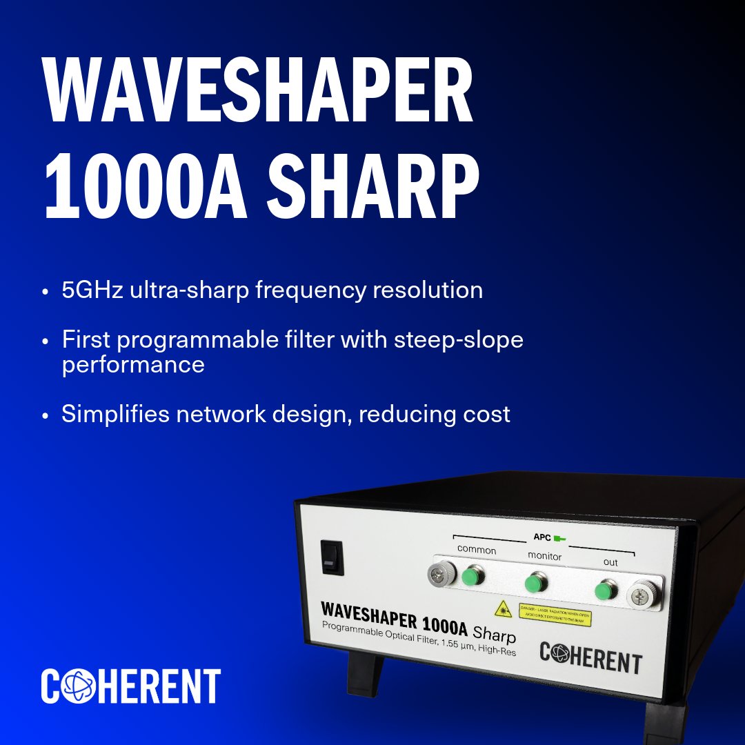CoherentCorp's tweet image. Coherent announces WaveShaper 1000A Sharp with 5GHz programmable optical filtering – up to 2X finer resolution for advanced optical networks and photonics applications.

See it live at #PhotonicsWest | Booth 4805

Read more: bit.ly/49ibysm

#Photonics #Telecom
