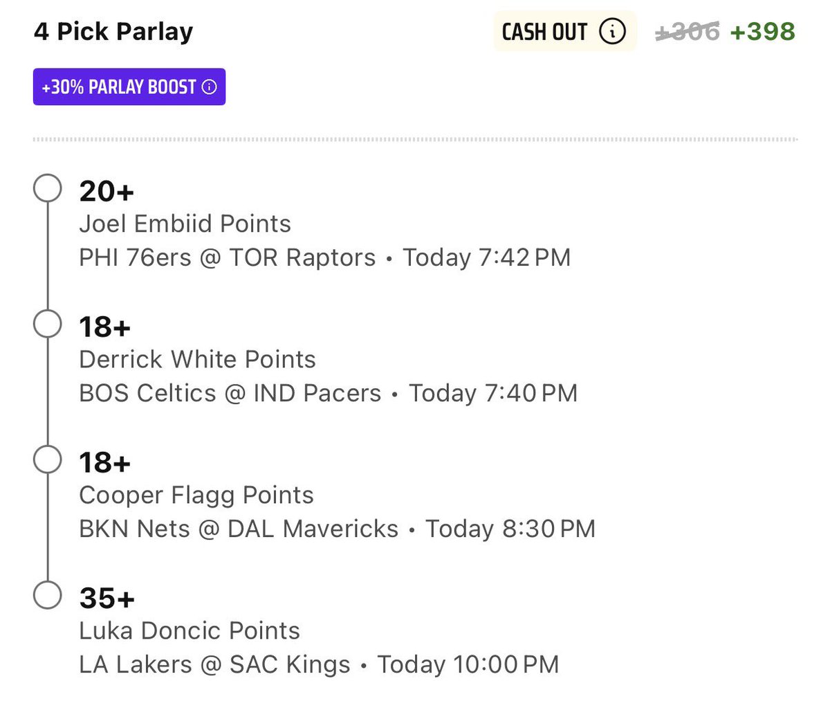 ZoneInSports's tweet image. NBA 🏀 points parlay
4 leg +30% boost up to +398 on DraftKings