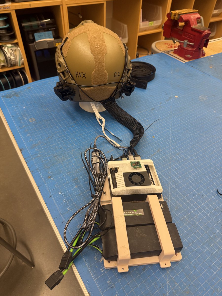 The wiring exposure has been cut down immensely by either lining the components within the inner shell or offloading them to a piece on the chest rig. I’ve also dropped the head weight by 80%!!

I’ve got a depth camera + IMUs otw to gain the ability to pin things in real space.