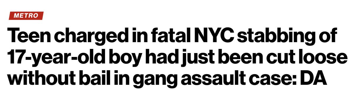 It's like, "Duh, what did you think was going to happen?"
──────────────

One of the teens charged in the deadly stabbing of a 17-year-old on a Queens street was out on “supervised release” in a separate gang assault case at the time of the fatal daytime ambush.