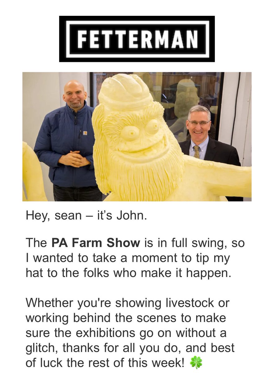 sean_kitchen89's tweet photo. John Fetterman just sent out a fundraising email with a three year old Pa Farm Show butter sculpture photo https://t.co/ogUT4FQZ56