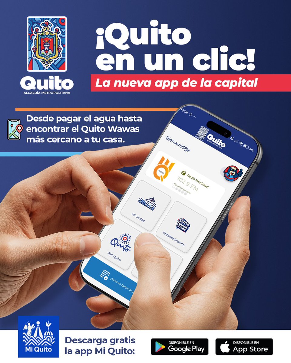 #MiQuitoApp | ¡Tu ciudad, en tu bolsillo! Desde pagar el agua hasta ubicar el #QuitoWawas más cercano, todo eso a un clic en la nueva app 'Mi Quito'. 

Descárgala gratis 👇

🟢 Android: bit.ly/playmiquito
⬛ iOS: apple.co/3YBnr6y

#QuitoRenace