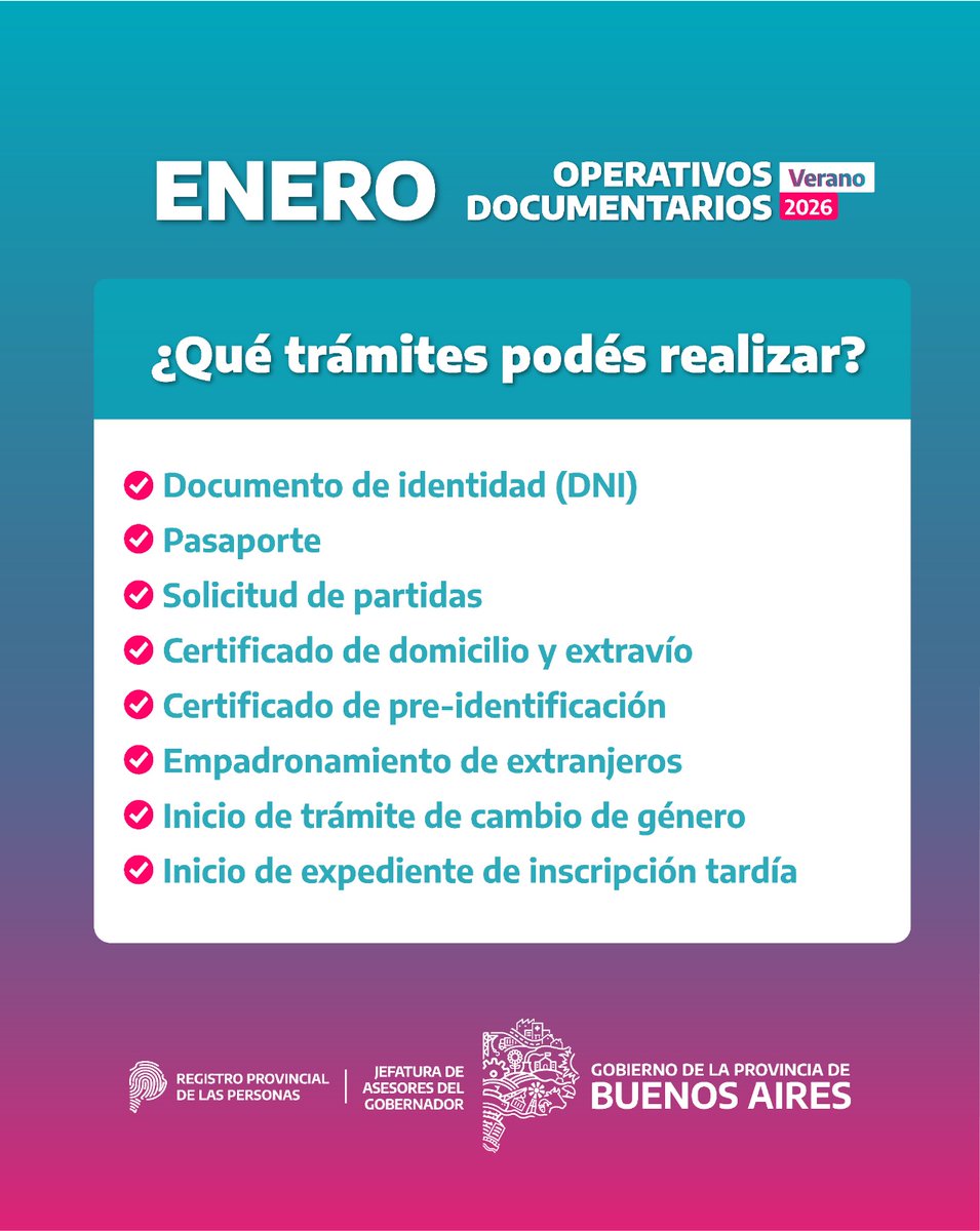 🪪 Operativo de Documentación en Pehuen Co

El Registro Provincial de las Personas estará realizando un nuevo operativo para que puedas gestionar distintos trámites.

📝 Trámites disponibles:
- DNI.
- Pasaporte. 
- Solicitud de partidas.
- Certificados de domicilio y extravío.
-