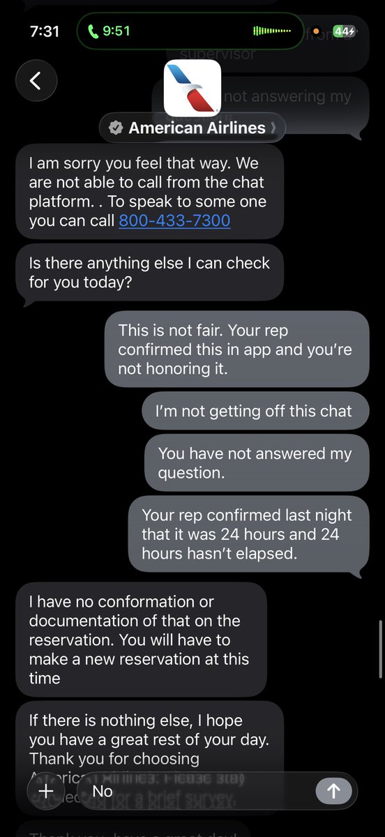 Chodems's tweet photo. American Airlines confirms a 24-hour hold ✅

Cancels the reservation before 24 hours ❌

Then says it never happened

@AmericanAir when did 24 hours become not 24 hours? https://t.co/vhJEA046UF
