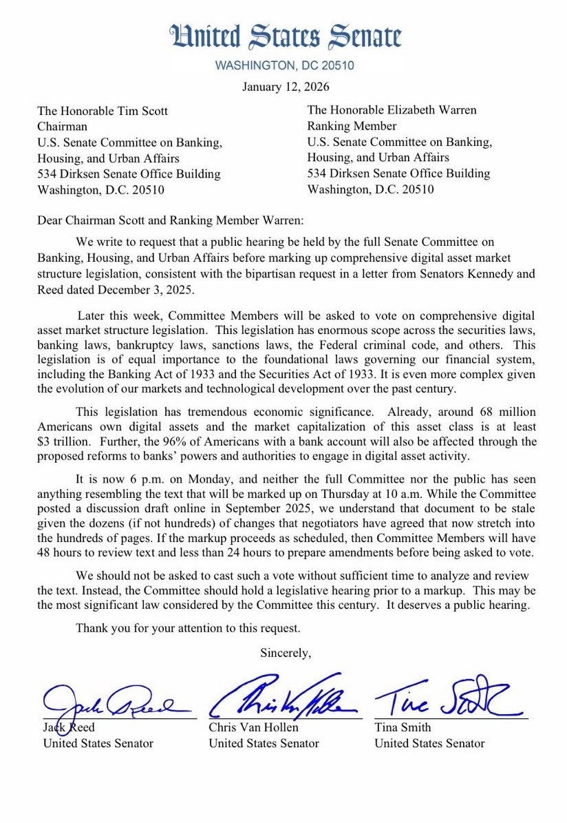EleanorTerrett's tweet photo. 🚨NEW: Late night plea from Democratic Senators on the Banking Committee for a full hearing ahead of Thursday’s markup.

Sens. @ChrisVanHollen, @TinaSmithMN, and @SenJackReed sent a letter to @BankingGOP leadership criticizing the lack of text (expected to be well over 200 pages) just two days before the markup, calling the timeline inadequate for voting on “the most significant law considered by the committee this century.”

Note: All three have anti-crypto records and are expected to vote ‘no’ regardless of whether a hearing happens or not. 

Before the Christmas break, GOP Sen. @SenJohnKennedy sent a similar letter with Reed, expressing his wish for a hearing to better understand the issues at hand. He didn’t sign this latest missive, and it’s unclear if he still feels the same way.