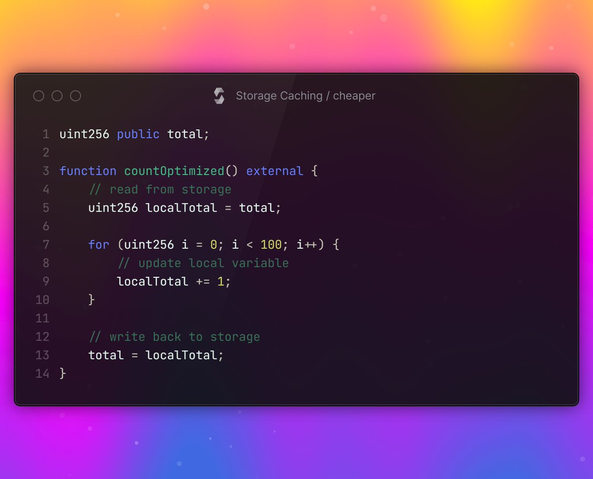 07

Storage Caching 

we've discussed a lot of gas optimization tricks, but this is the one I think you should pay more attention to and also don't forget it.

the problem with evm is that, where and how you store your data determines how much gas you pay.

-- data in the state