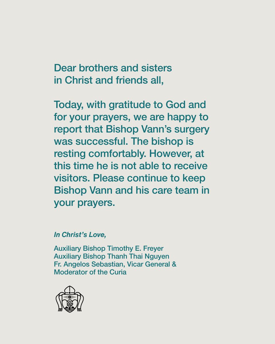 OrangeDiocese's tweet image. Dear brothers and sisters in Christ and friends all,

Today, with gratitude to God and for your prayers, we are happy to report that Bishop Vann’s surgery was successful. The bishop is resting comfortably. However, at this time he is not able to receive visitors. Please continue…