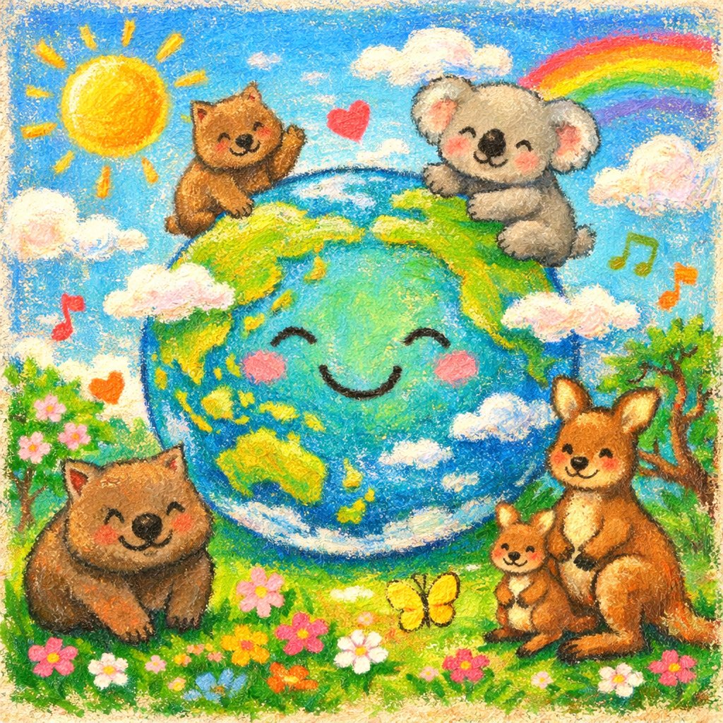 AIに指示出して、こんな可愛いハッピーな世界が出来上がった
 #ChatGPT
 #オイルパステル風
 #ウォンバット
 #コアラ
 #ワラビー