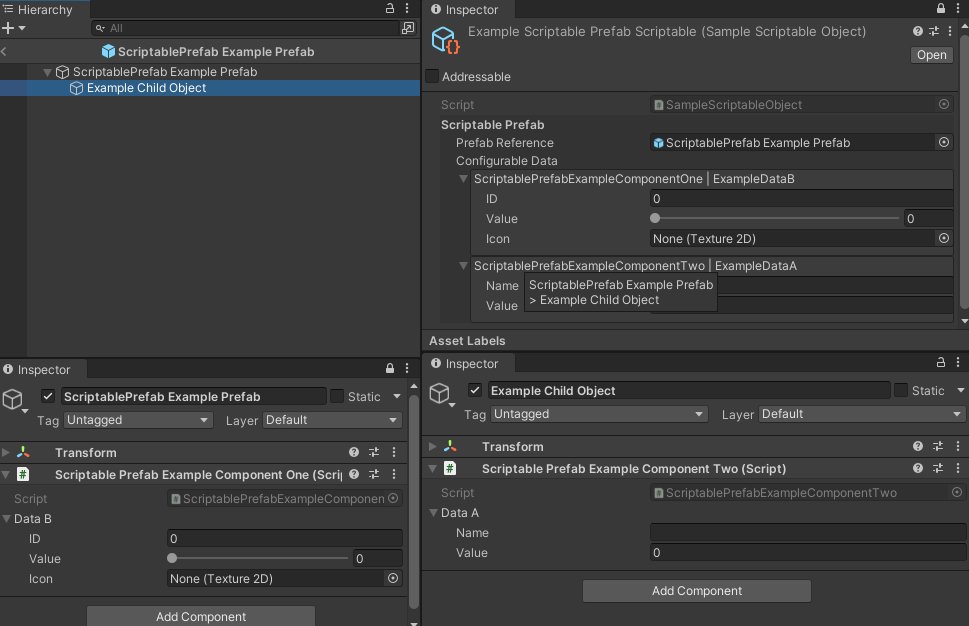 I like to heavily compose my gameobjects, so I made a class for instantiating prefabs with overridable data to leverage the flyweight pattern on scriptable objects more easily.
Any prefab to implement components with configurable data will have overrides appear in the inspector.