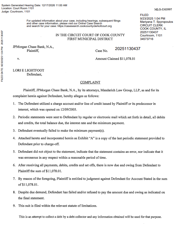 FrankCalabrese's tweet photo. Former Chicago Mayor Lori Lightfoot is being sued by JPMorgan Chase over an unpaid MileagePlus United credit card balance of $11,078.01 https://t.co/AvcKEtO38q