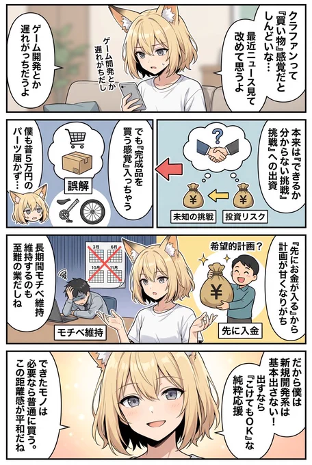 クラファンって、買い物のつもりで出すとしんどいな…って最近あらためて思いました。

ニュースで、ゲーム開発のクラファン集めたけど厳しそう、みたいな話を見かけて。
もちろん外野がどうこう言う話じゃないんだけど、起きたことから学べることは多いなと。 
