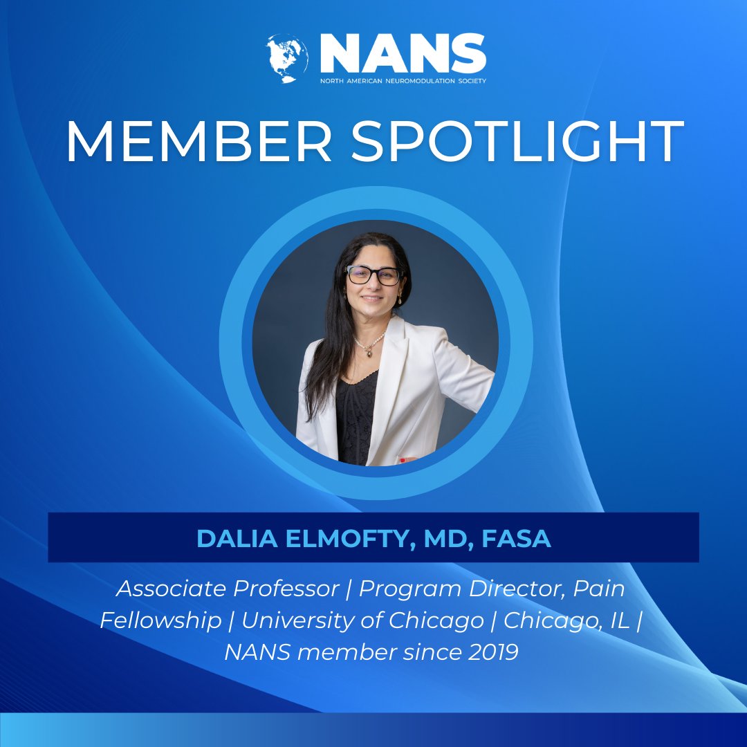 NANS_ION's tweet photo. 🌟 We’re proud to recognize Dalia Elmofty, MD, FASA, Assoc. Professor &amp; Pain Fellowship PD at @UChicagoMed.

A NANS member since 2019, she serves on the Education Committee and SCS Guideline Group—helping shape standards that elevate patient care.

👉 https://t.co/dTf53v5KXk https://t.co/5YcHrCXk0R