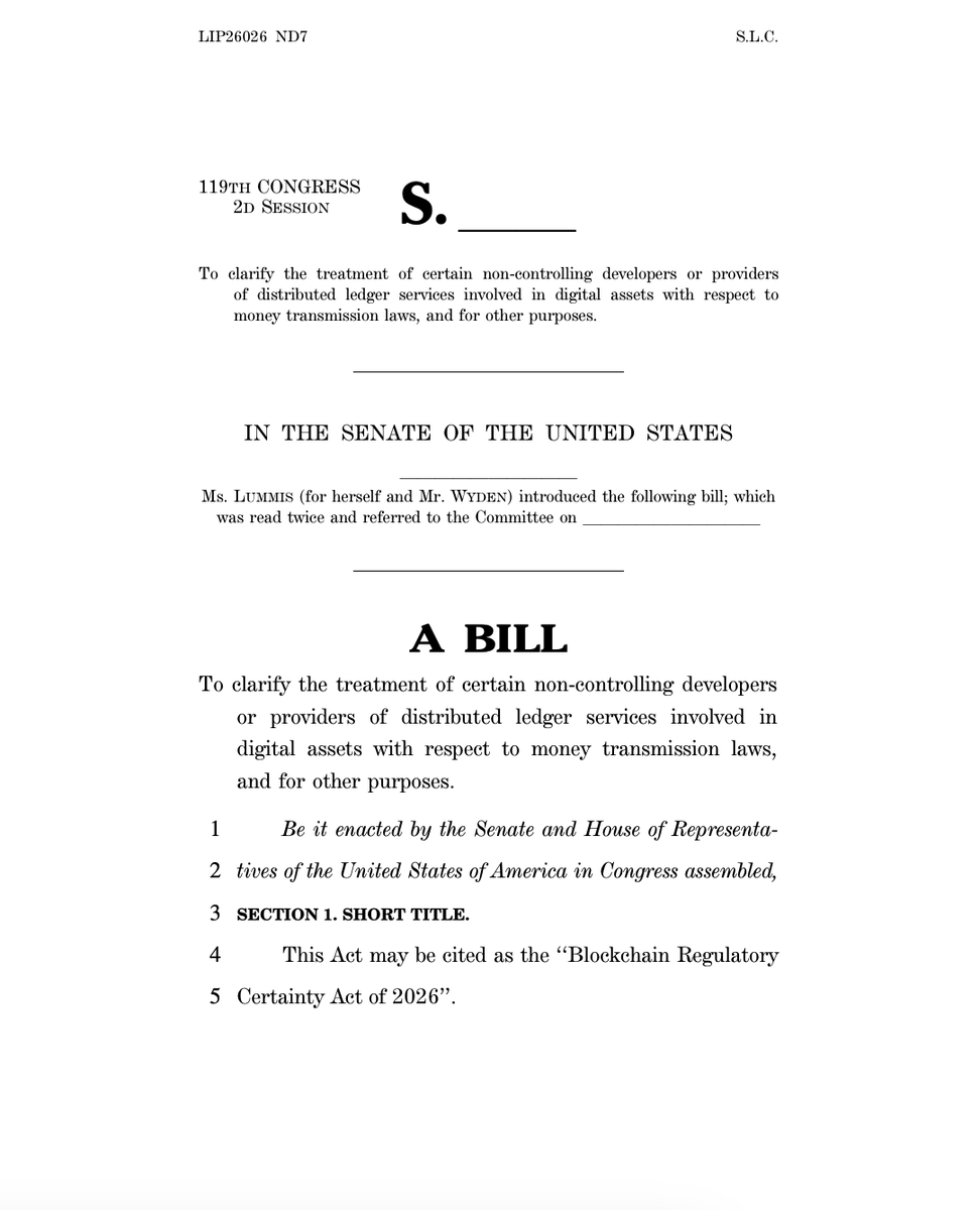 美国参议员Wyden和Lummis提出跨党派法案，旨在保护区块链开发者免受汇款人法规限制