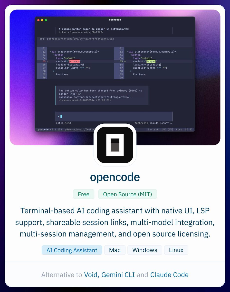 The free open-source Claude Code alternative, a terminal AI coding ...