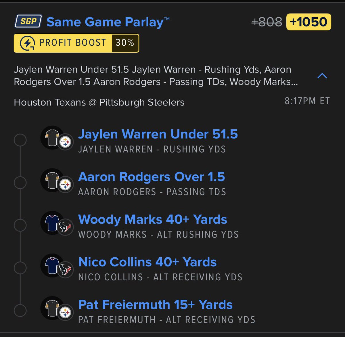 ZoneInSports's tweet image. NFL 🏈 Texans @ Steelers plays

2 leg TD scorer parlay +4400 on DraftKings
4 leg longshot anytime TD parlay +25% boost up to +37389 on FanDuel 
4 leg SGP +30% boost up to +910/DK
5 leg SGP boosted 30% up to +1050/FD