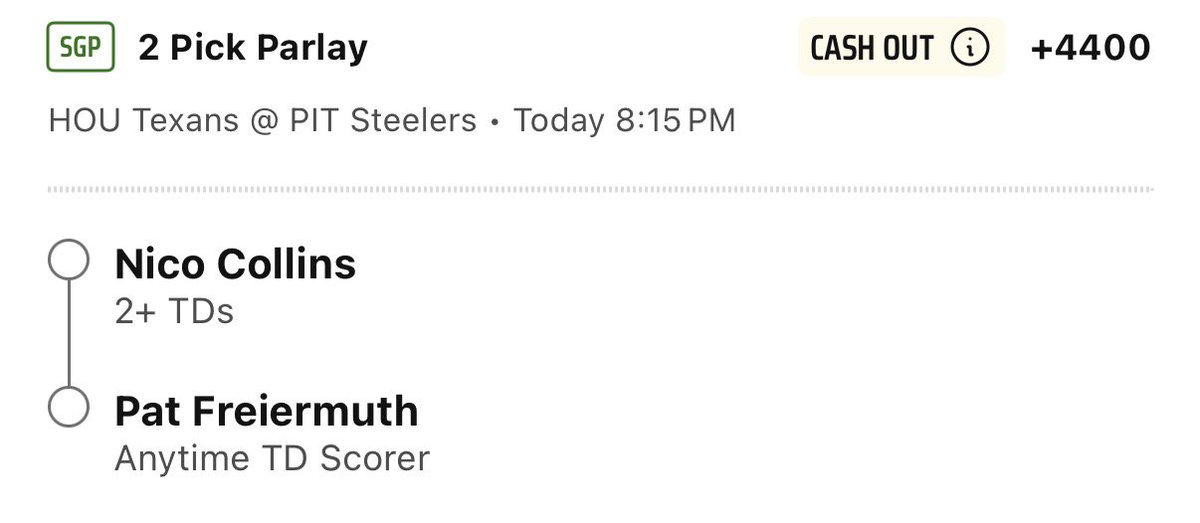 ZoneInSports's tweet image. NFL 🏈 Texans @ Steelers plays

2 leg TD scorer parlay +4400 on DraftKings
4 leg longshot anytime TD parlay +25% boost up to +37389 on FanDuel 
4 leg SGP +30% boost up to +910/DK
5 leg SGP boosted 30% up to +1050/FD