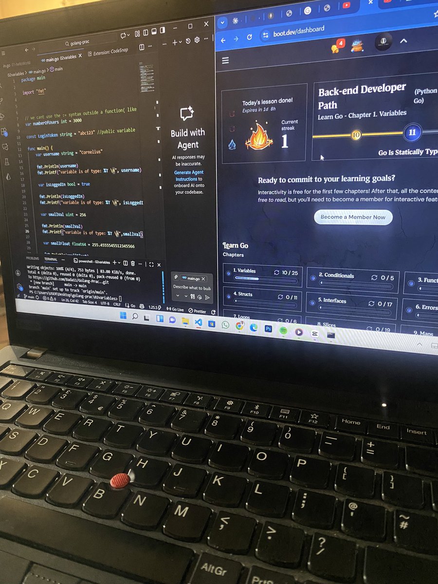 that_churchguy's tweet photo. Day 2 – Learning Golang 🐹

Today I:
•Watched Go tutorials 
•Learned about variables in Go

I’m beginning to appreciate how Go’s simplicity forces you to write clear, intentional code.

Code practice 👉 https://t.co/ROkAVmROF4.

#Golang #BuildInPublic #DevJourney https://t.co/UcqKO2mZtF