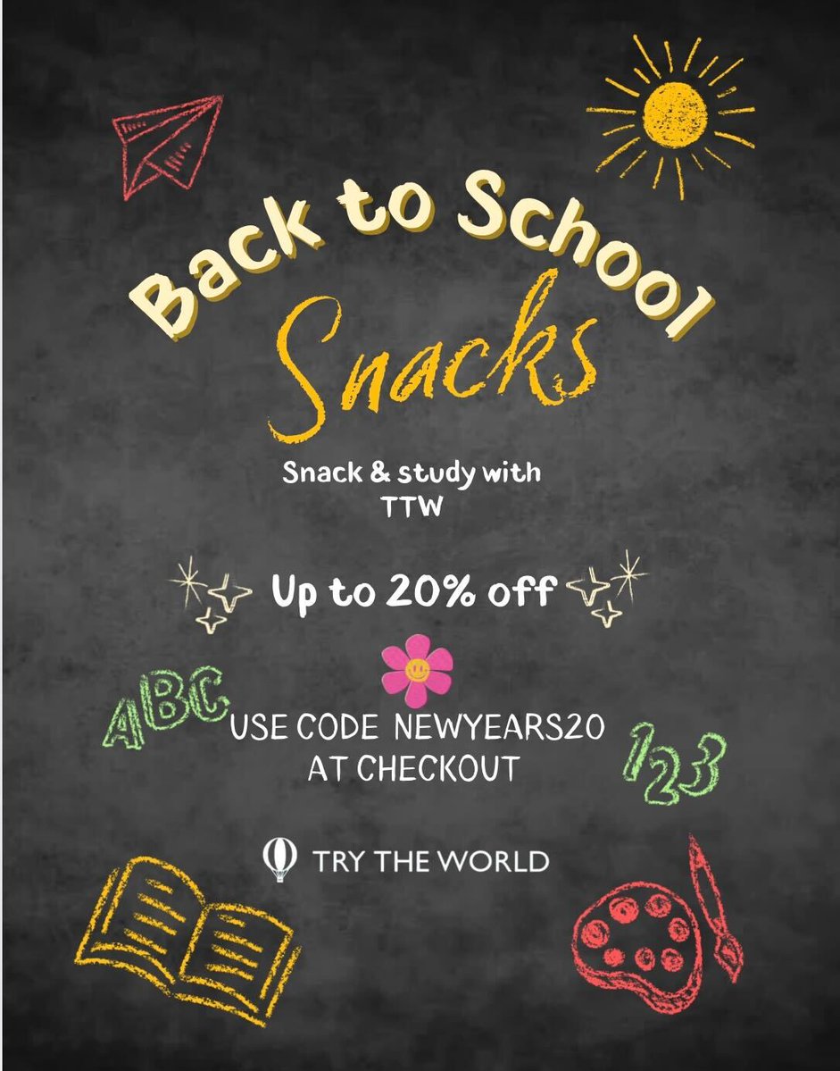 Trytheworld's tweet image. From homework to snack breaks, we’ve got you covered ✏️🌍
Snack and study with TTW and save up to 20% using NEWYEARS20.

#trytheworld #ttw #BackToSchool #SnackAndStudy #GlobalFlavors #StudyFuel #Snacking #Subscriptionbox