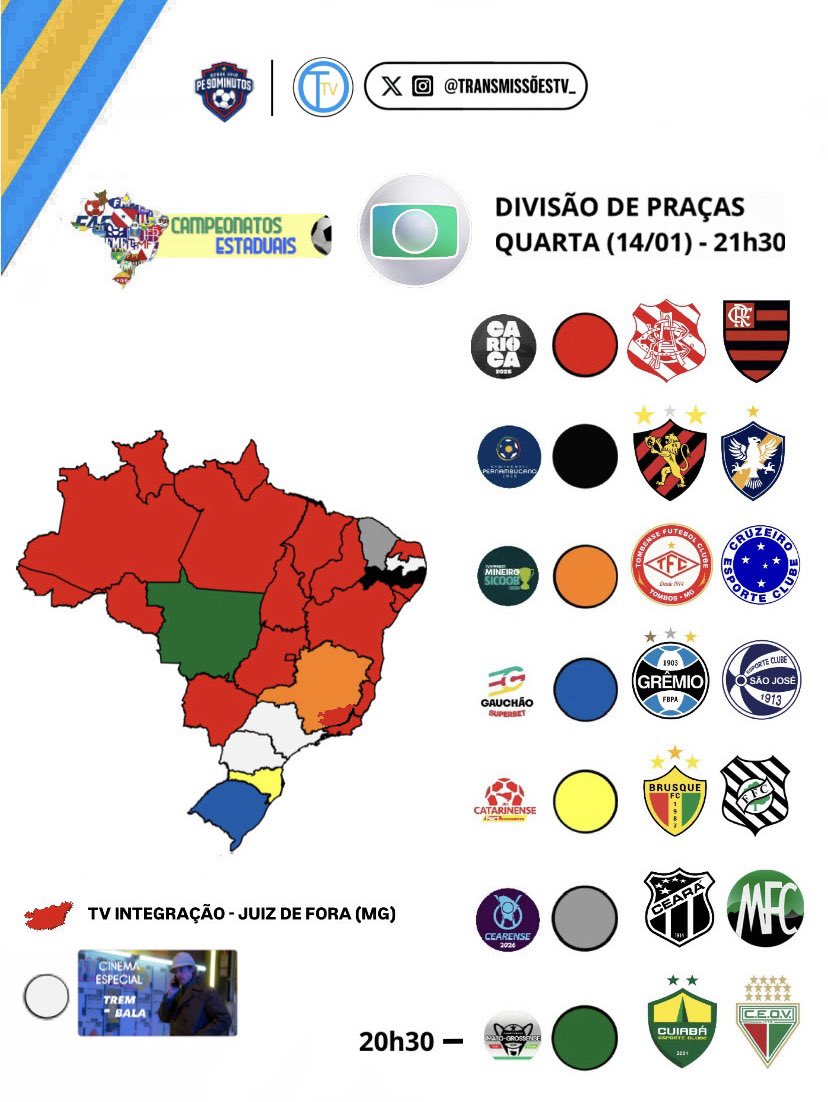 transmissoestv_'s tweet image. 7 Estaduais serão exibidos nesta quarta-feira na TV Globo.

Confira na imagem, qual jogo ou filme será exibido para o seu estado.