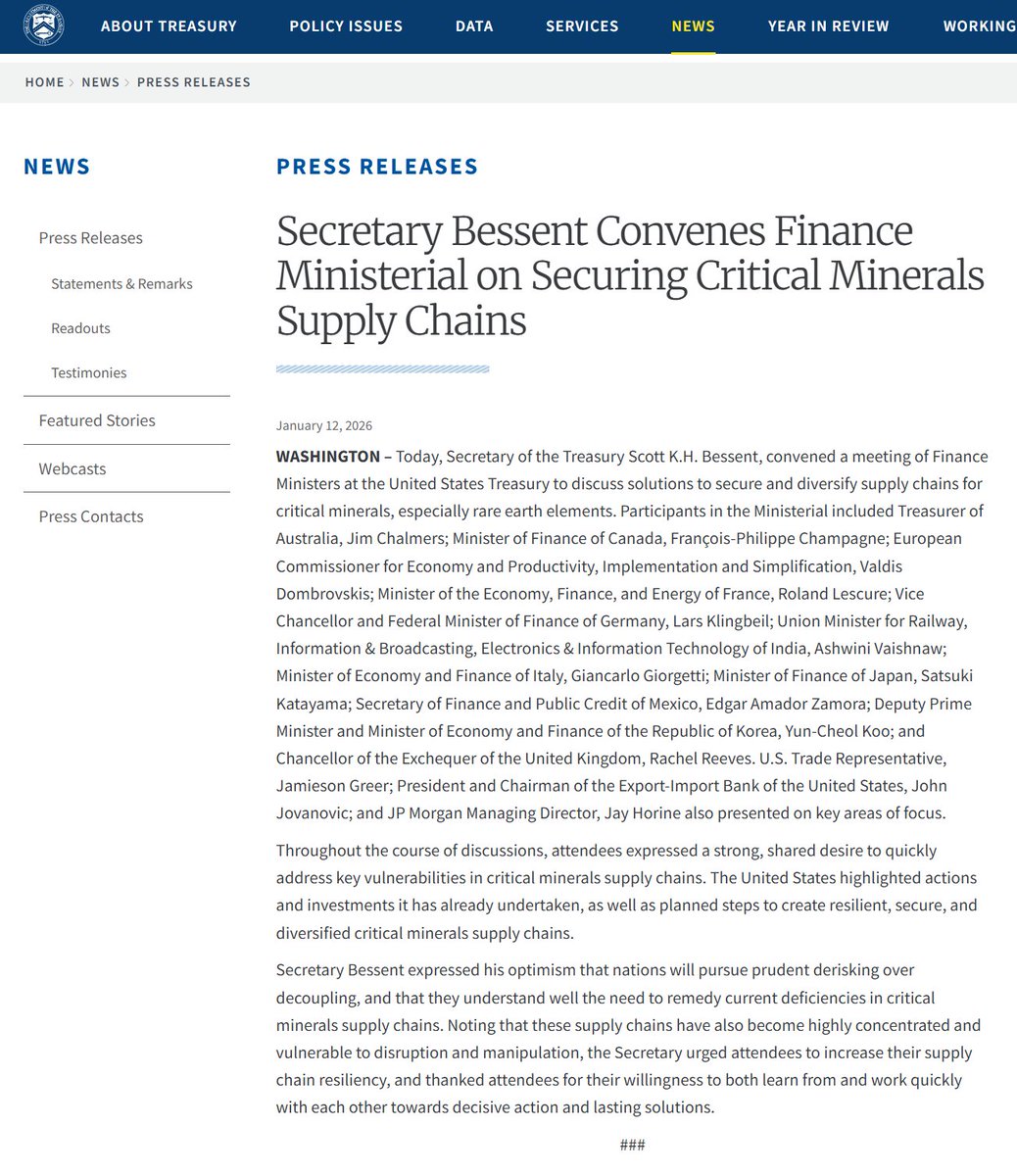 美国财政部声明表示，财长贝森特与多个合作伙伴和盟国的官员举行会议，“讨论保障并多元化关键矿产、尤其是稀土元素供应链的解决方案”。  德国财长克林贝尔表示，会议上讨论了可能的价格下限以及确保战略稀土供应的伙伴关系等问题，并称许多问题仍悬而未决。