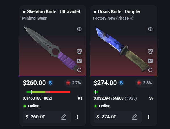 ThePyrotectnt's tweet photo. Selling some knives on CSFloat: A Skeleton Ultraviolet MW, and a Ursus Doppler Phase 4 FN. The Skele UV is the Cheapest on the market in MW as of rn. And the Ursus Doppler Phase 4 is a few bucks over the cheapest bc of its float. 
My Stall 👇
https://t.co/4CCIL8UVrG https://t.co/VnjcZqfdPC
