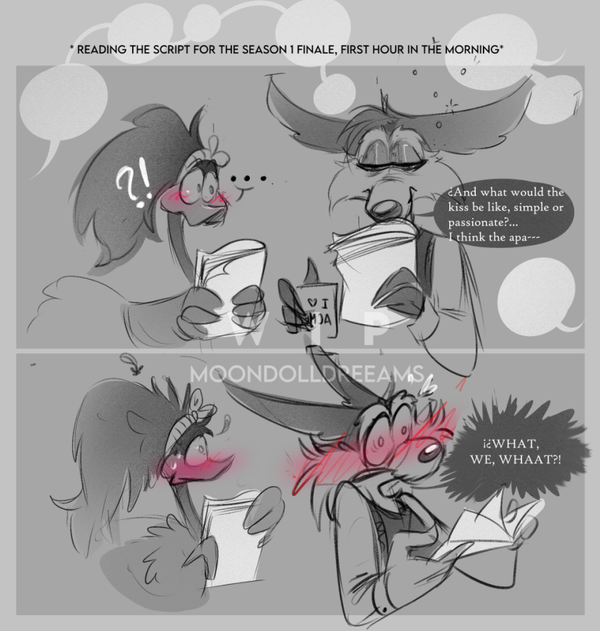Moondolldreeams's tweet photo. WIP Script ~
You have no idea how much I laughed at this jkasndajds
 - The behind-the-scenes footage of Wile and Runner reading the script with the group to rehearse the episode 💖📜. 
Wile has trouble waking up☕️sakdjasada
#HazbinHotel #Looneytunes #sirpentius #CherriBomb #acme https://t.co/0AnStyz4UL