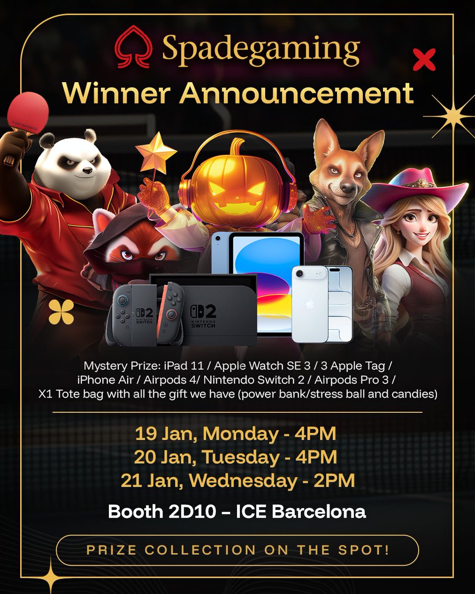 Winner Announcement Schedule
🎁 Mystery Prizes include iPhone Air, Osmo Pocket 3, Nintendo Switch 2, iPads, AirPods &amp; more!

📅 19 Jan (Mon) – 4 PM
📅 20 Jan (Tue) – 4 PM
📅 21 Jan (Wed) – 2 PM

📍 Booth 2D10 – ICE Barcelona
⏳ Winners must collect prizes on the spot!