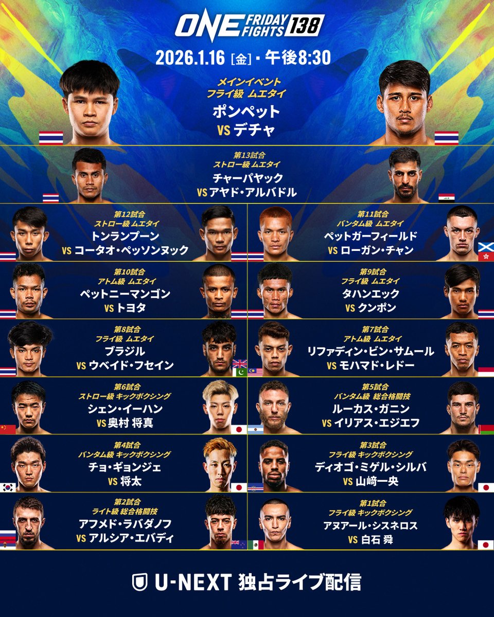 ◤⚡️#ONEFridayFights138  対戦カード⚡️◢

2026年最初の #ONEフライデーファイツ🔥
日本から4️⃣選手が出場🎌

白石 舜、奥村 将真
山﨑一央、将太

✅ U-NEXTで独占ライブ配信をお見逃しなく

🗓 1月16日 午後8時30分 | #WeAreONE #ONEチャンピオンシップ